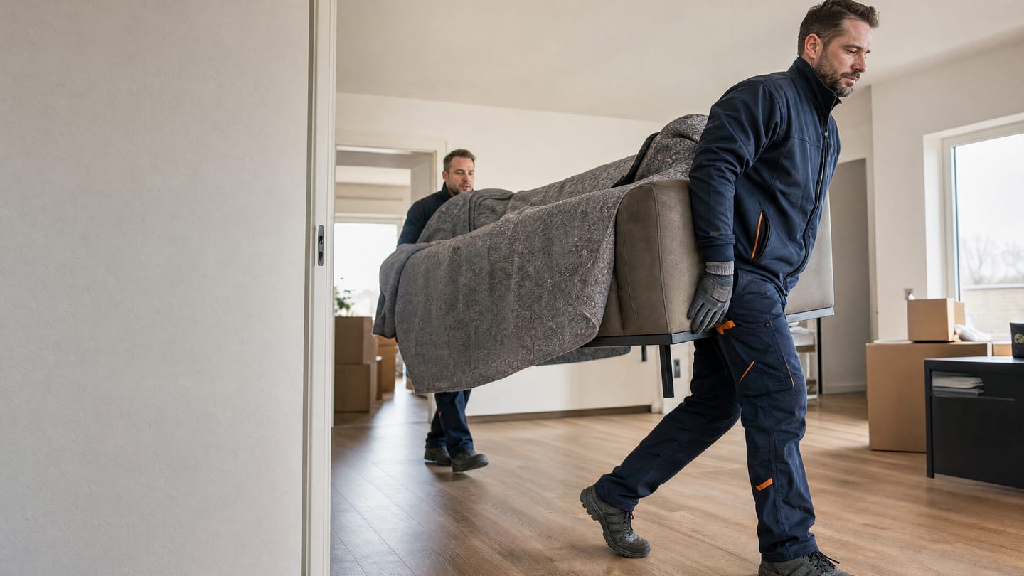 Symbolbild: Zwei Umzugshelfer tragen ein mit einer Schutzdecke gesichertes Sofa durch eine Wohnung