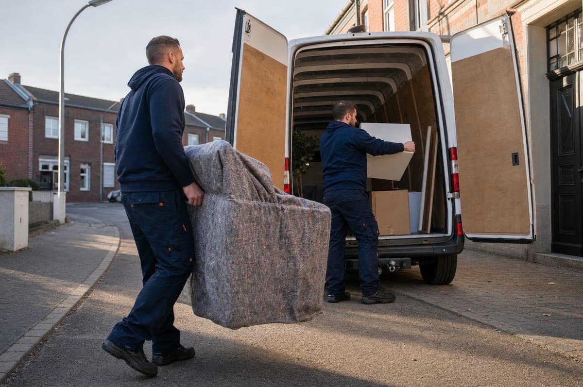 Symbolbild: Zwei Helfer beladen einen weißen Transporter in einer Duisburger Wohnstraße