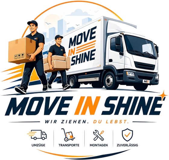 Move in Shine Logo: Zwei Helfer tragen Kartons und ein Möbelstück vor einem Umzugswagen. Wir ziehen. Du lebst.